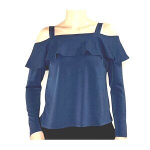 Size Small NAVY BLUE COLD SHOULDER CHIFFON BLOUSE‎ Fall Boho Peasant Bohemian